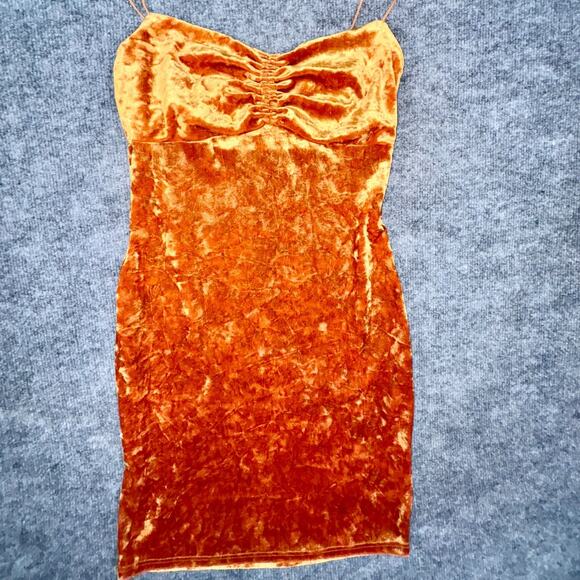Urban Outfitters Crushed Velvet Bodycon Mini Dress Ruched Bust Burnt Orange S - Picture 2 of 9